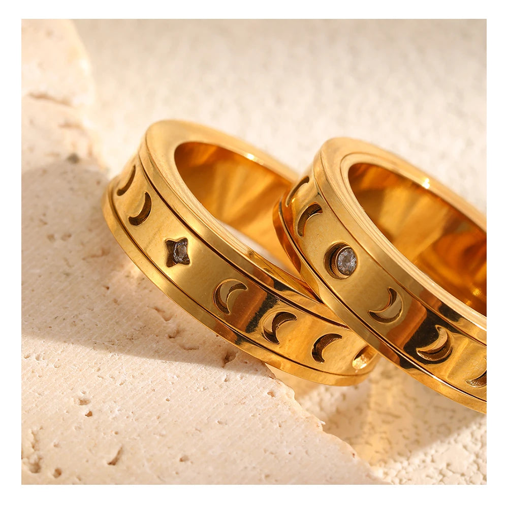 MamacitaSlay 316L Stainless Steel Spinning Moon Star Hollow Out Zircon Ring 18K Gold Plated Waterproof Jewelry For Women Gift