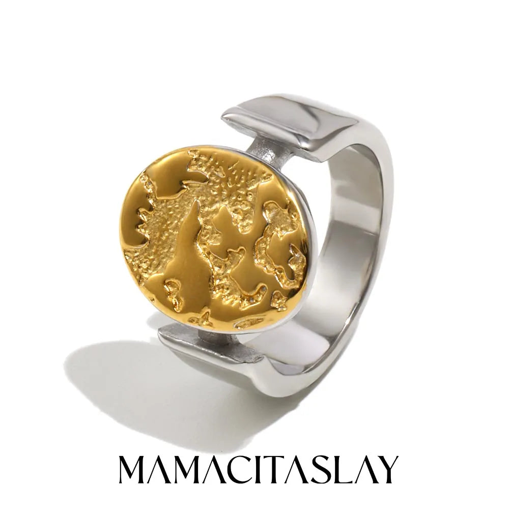 MamacitaSlay 316L Stainless Steel Mixed Color Planet Relief Oval Ring 18K Gold Plated Waterproof Jewelry Women's Unique Ring