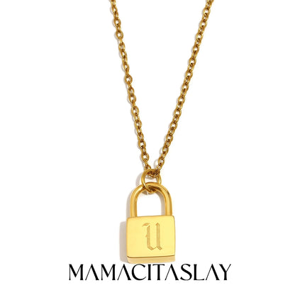 MamacitaSlay 316L Stainless Steel Ancient Letters Engaged Lock Pendant Necklace 18K Gold Plated Waterproof Neck Jewelry Gift