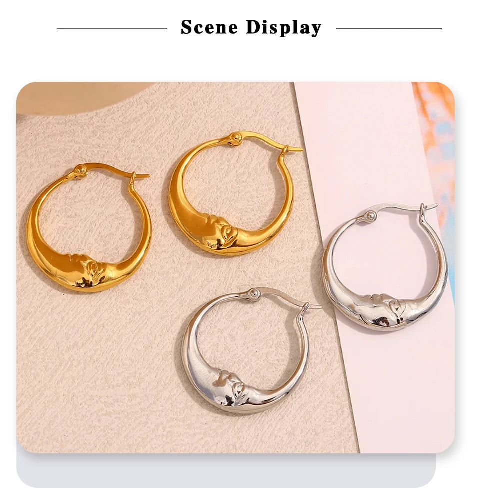MamacitaSlay 18K Gold Plated Stainless Steel Moon Hoop Earrings Unique Waterproof Jewelry Women's Charm Statement Earrings Gift