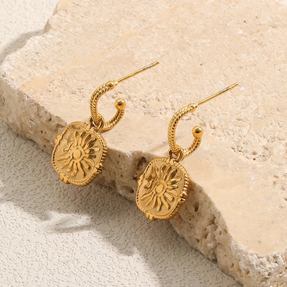 MamacitaSlay 316L Stainless Steel Vintage Sun Medallion Earrings 18K Gold Plated Waterproof Jewelry For Women Trendy Earrings