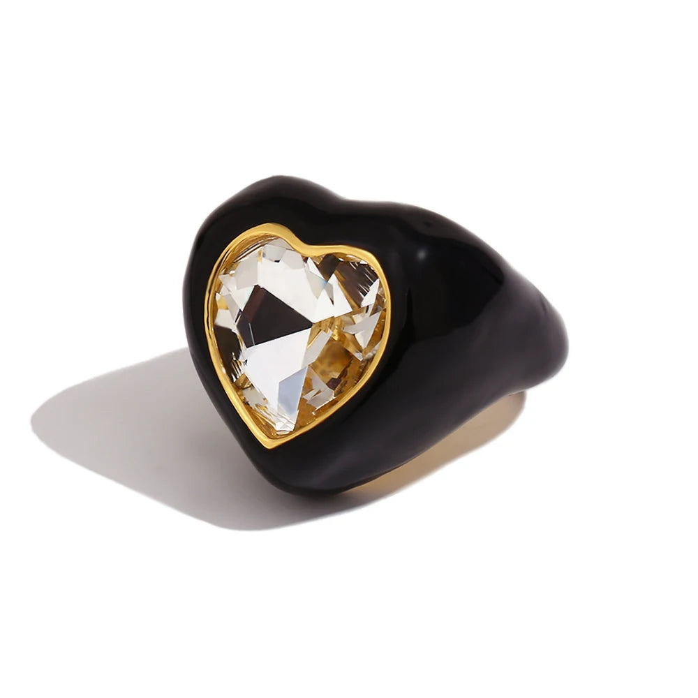 MamacitaSlay Sweet and Colorful Enamel Stainless Steel Heart Rhinestone Open Ring Party Trend Waterproof Jewelry Women's Gift