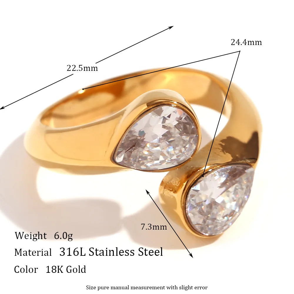 MamacitaSlay 316L Stainless Steel Double Zircon Serpentine Opening Ring Waterproof 18K Gold Plated Jewelry Women's Elegant Gift