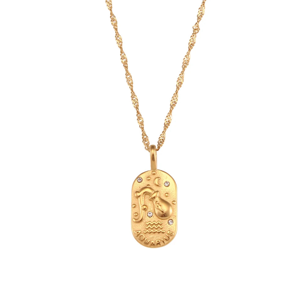 MamacitaSlay 316L Stainless Steel Zircon 12 Constellation Tarot Card Necklace 18K Gold Plated Waterproof Jewelry Women's Gifts