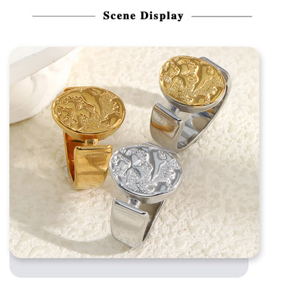 MamacitaSlay 316L Stainless Steel Mixed Color Planet Relief Oval Ring 18K Gold Plated Waterproof Jewelry Women's Unique Ring
