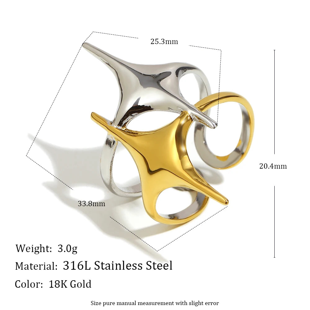 MamacitaSlay 316L Stainless Steel Mixed Color Double Star Open Ring Women's Party Waterproof 18K Gold Plated Ring Unique Ring