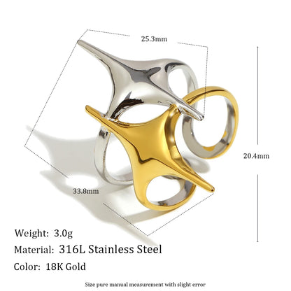MamacitaSlay 316L Stainless Steel Mixed Color Double Star Open Ring Women's Party Waterproof 18K Gold Plated Ring Unique Ring