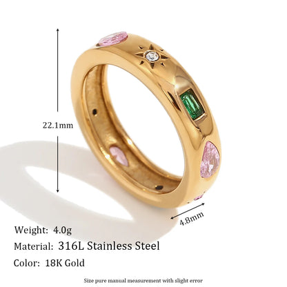 MamacitaSlay 316L Stainless Steel Multicolor Zircon Ring Waterproof 18K Gold Plated Jewelry For Women's Classic Ring Gift 2026