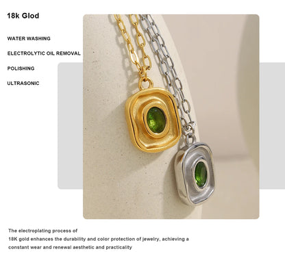 MamacitaSlay Retro Irregular Pendant Round Green Zircon Paper Clip Chain Women's Necklace Trendy Women's Stainless Steel Jewelry