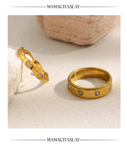 MamacitaSlay 316L Stainless Steel Zircon Star Ring 18K Gold Plated Waterproof Jewelry Women's Classic Ring High Quality Gift