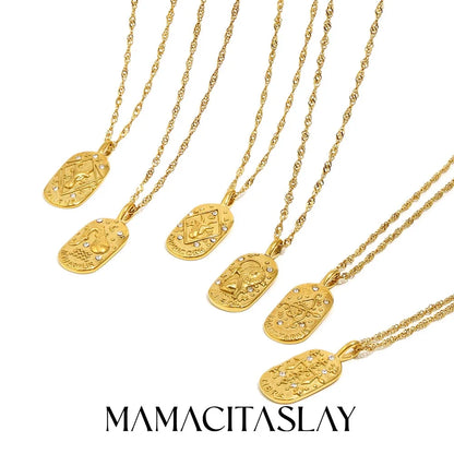 MamacitaSlay 316L Stainless Steel Zircon 12 Constellation Tarot Card Necklace 18K Gold Plated Waterproof Jewelry Women's Gifts