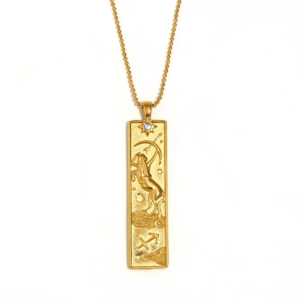 MamacitaSlay 316L Stainless Steel Zodiac Sign Rectangle Pendant Necklace 18K Gold Plated Waterproof Jewelry For Women Daily Wear