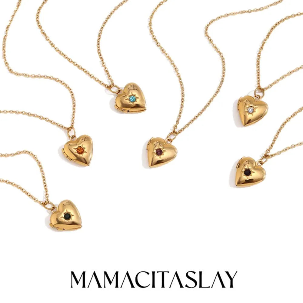 MamacitaSlay New Design Twelve Birthstone Heart Can Paste Photo Frame Pendant Women's stainless steel necklace  jewelry Gifts