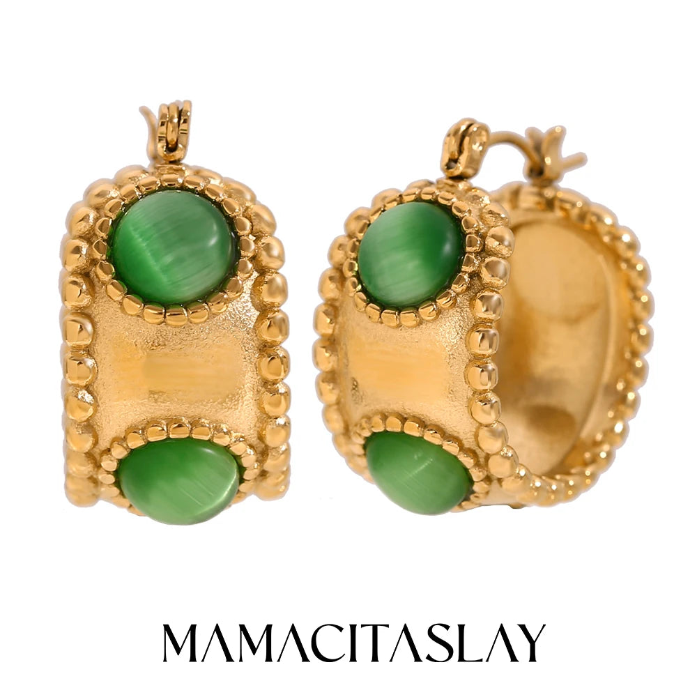 MamacitaSlay 316L Stainless Steel Retro Agate Beaded Edge Hoop Earrings 18K Gold Plated Waterproof Jewelry For Women Daily Wear