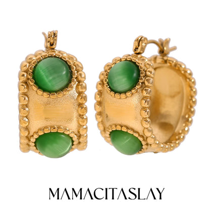 MamacitaSlay 316L Stainless Steel Retro Agate Beaded Edge Hoop Earrings 18K Gold Plated Waterproof Jewelry For Women Daily Wear