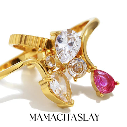 MamacitaSlay 316L Stainless Steel Zircon Water Droplet Crown Ring 18K Gold Plated Waterproof Jewelry Women's Elegant Ring Gift