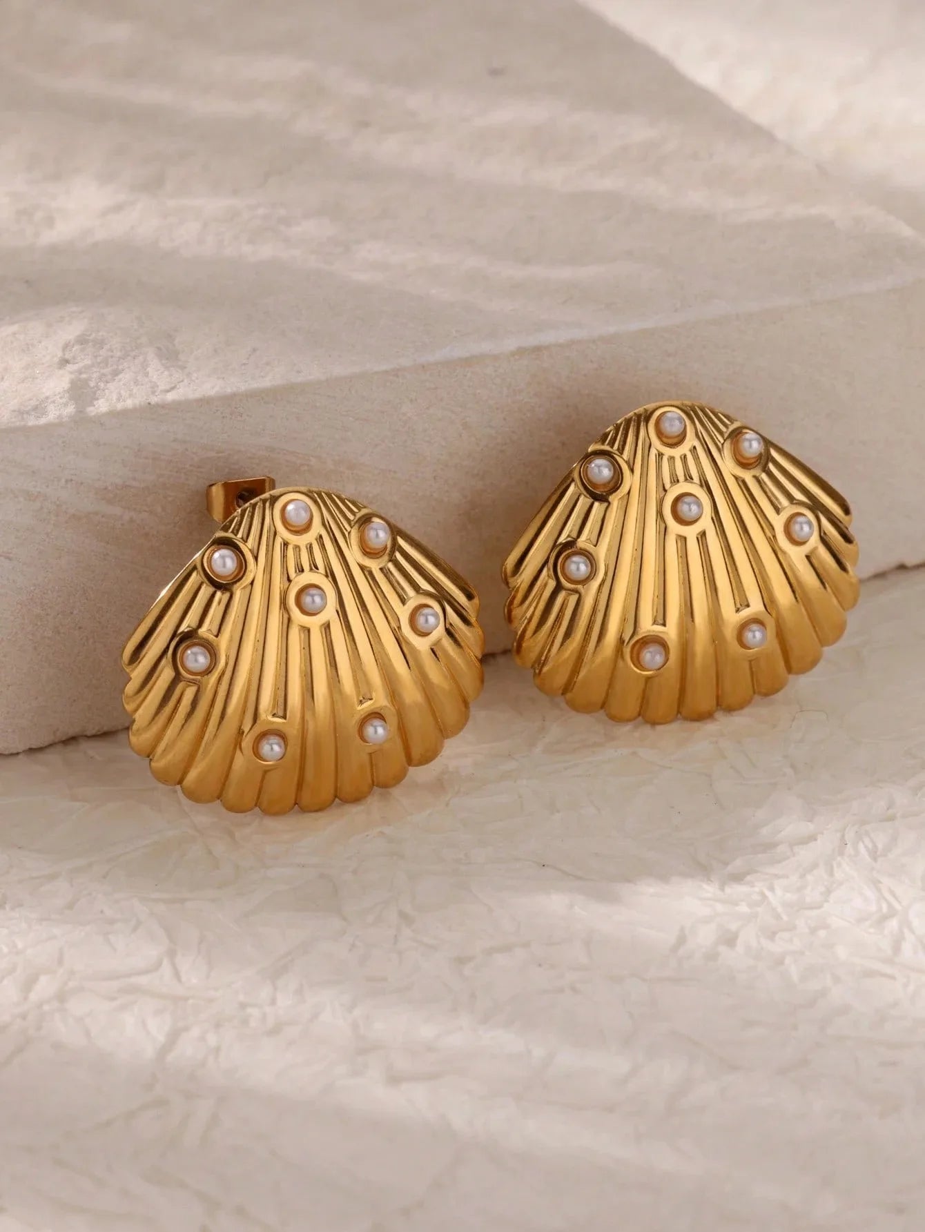 Golden Shell Pearl Stud Earrings