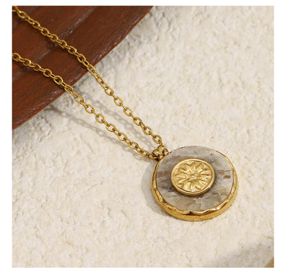 MamacitaSlay 316L Stainless Steel Marble Round Sun Necklace 18K Gold Plated Waterproof Jewelry Women's Minimalist Retro Necklace