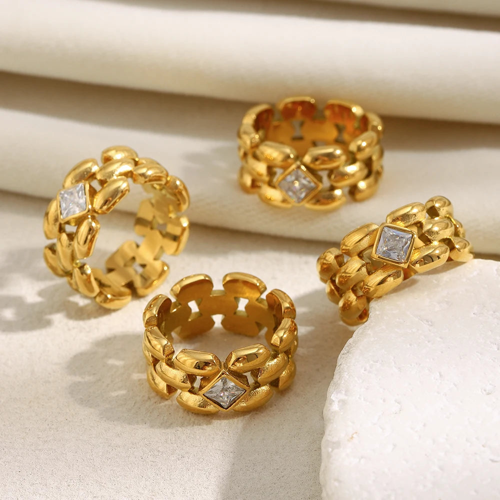 MamacitaSlay 316L Stainless Steel Zircon Hollow Out Ring 18K Gold Plated Waterproof Jewelry Women's High Quality Ring 2025 Gift