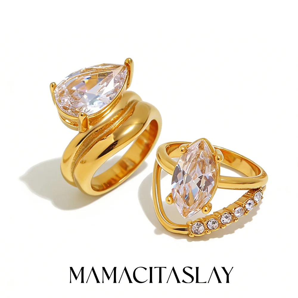 Mamacitaslay 316L Stainless Steel Pear Cut Zircon Geometric Ring 18K Gold Plated Waterproof Jewelry For Women Banquet Party Wear