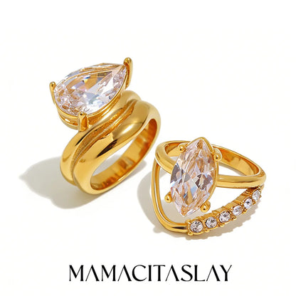 Mamacitaslay 316L Stainless Steel Pear Cut Zircon Geometric Ring 18K Gold Plated Waterproof Jewelry For Women Banquet Party Wear