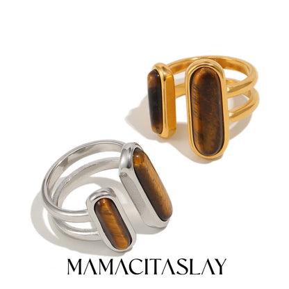 MamacitaSlay 316L Stainless Steel Tiger Eye Asymmetric Ring 18K Gold Plated Waterproof Vintage Jewelry For Women Everyday Wear