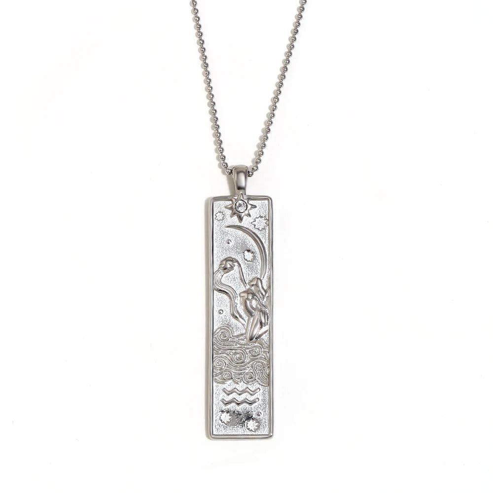 MamacitaSlay 316L Stainless Steel Zodiac Sign Rectangle Pendant Necklace 18K Gold Plated Waterproof Jewelry For Women Daily Wear