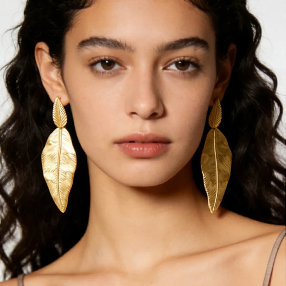 MamacitaSlay 316L Stainless Steel Double Leaf Dangle Earrings 18K Gold Plated Waterproof Jewelry For Women Statement Earrings