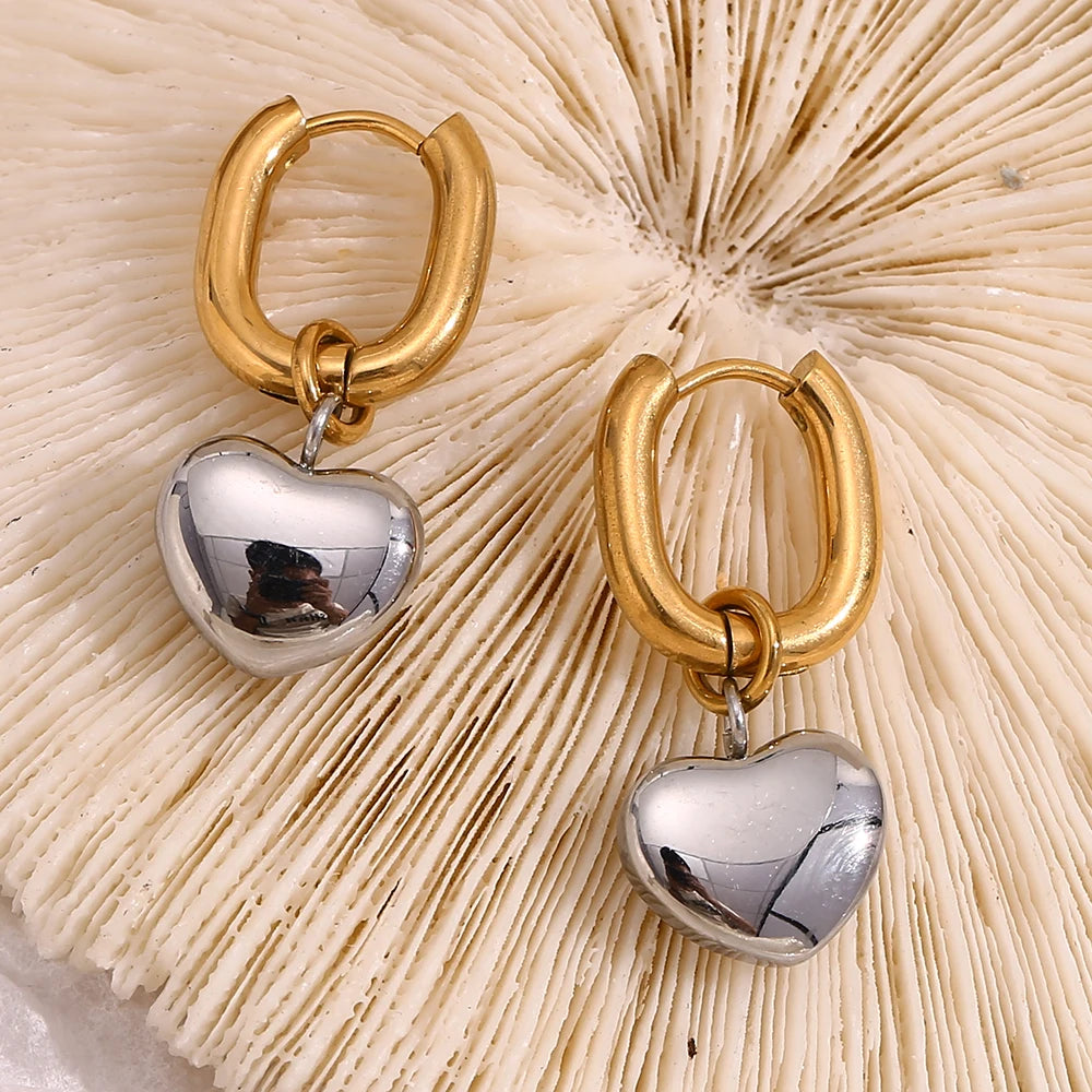 MamacitaSlay Mixed Color Gold Plated O Shape Hoop Silver Color Heart Drop Earrings trendy women's stainless steel jewelry