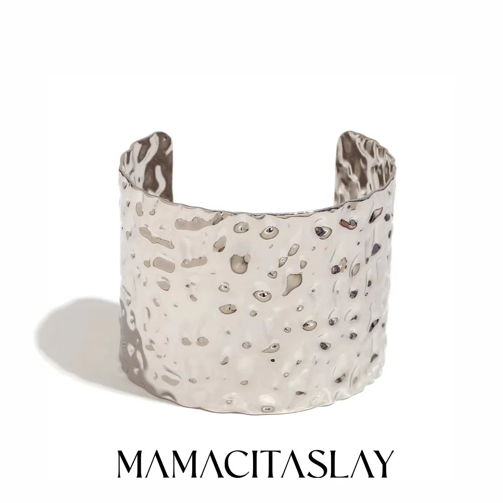MamacitaSlay 316L Stainless Steel Hammered Wide Open Cuff Bangle 18K Gold Plated Waterproof Jewelry For Women Bracele Party Gift