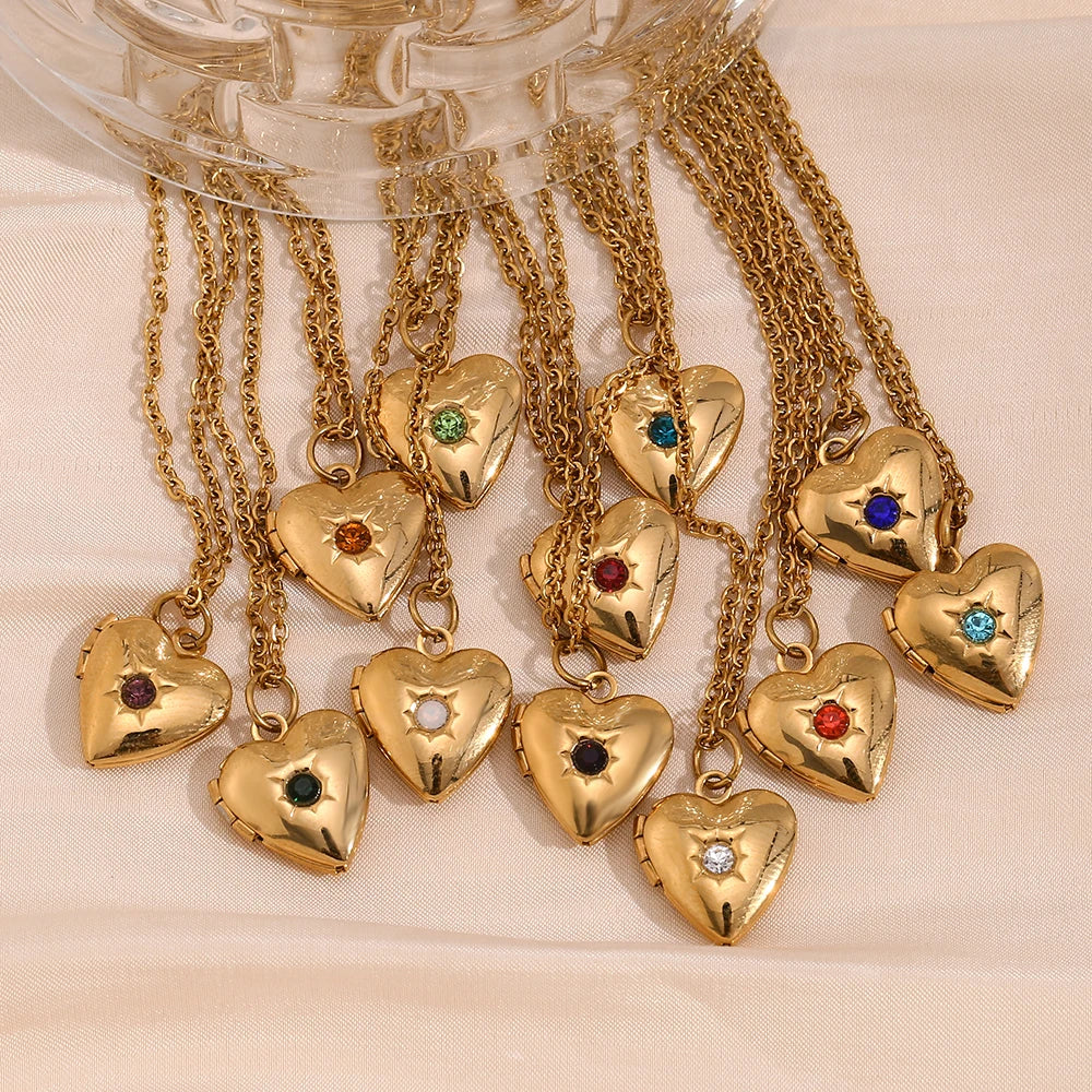 MamacitaSlay New Design Twelve Birthstone Heart Can Paste Photo Frame Pendant Women's stainless steel necklace  jewelry Gifts