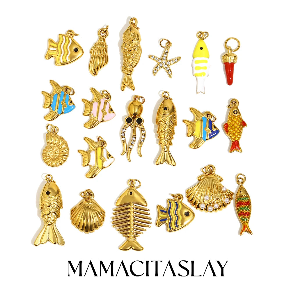 MamacitaSlay 316L Stainless Steel Enamel Ocean Style Fish Charms Earrings Necklace Bracelet DIY Pendant Women's Handmade Gift