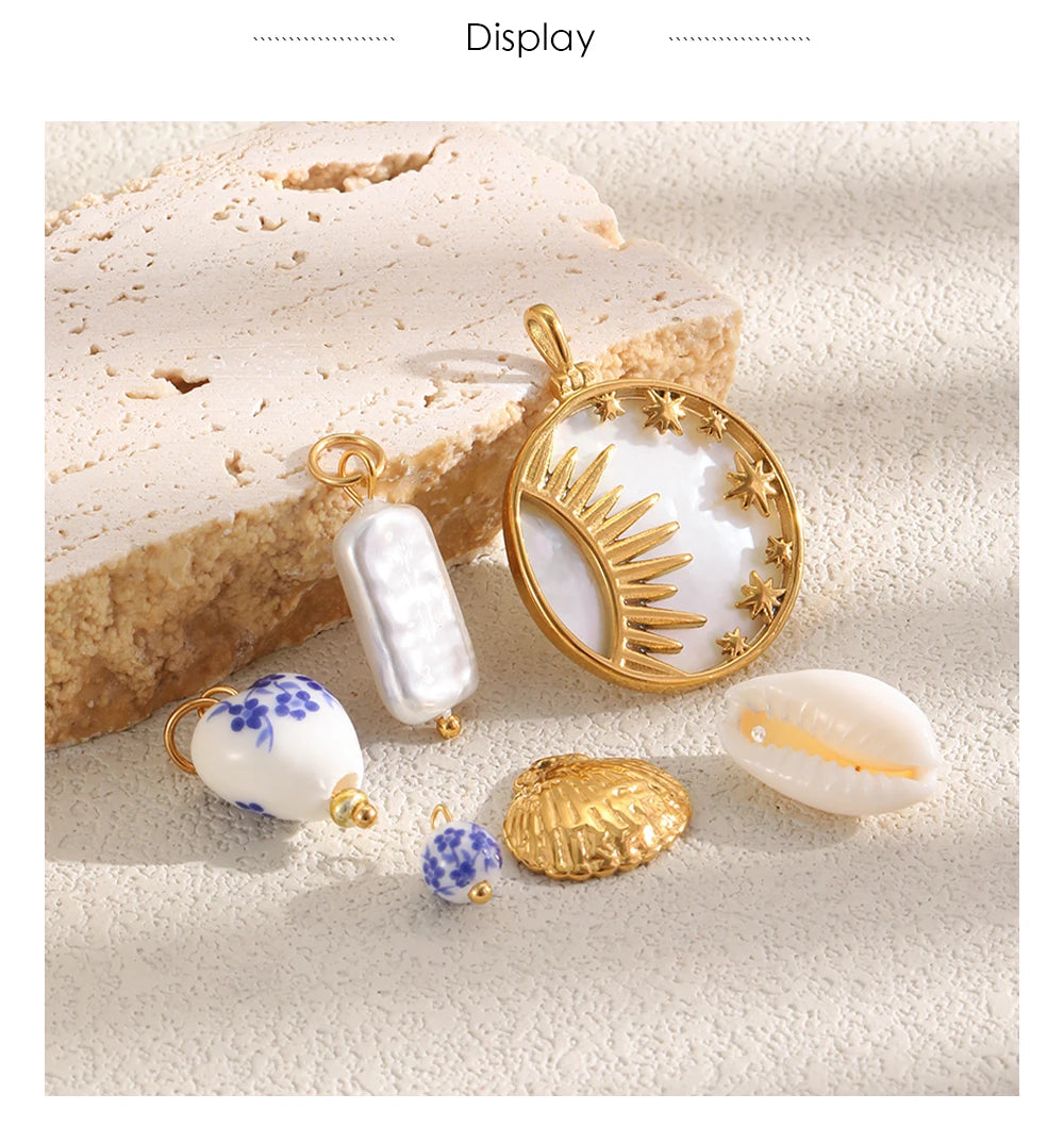 MamacitaSlay 18K Gold Plated Shell Moon Star Charm 316L Stainless Steel Ceramic Beads For DIY Earrings Bracelet Necklace Making