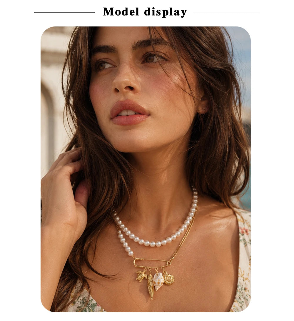 MamacitaSlay 316L Stainless Steel Pearl Paperclip Conch Shell Necklace 18K Gold Plated Waterproof Vacation Jewelry For Women
