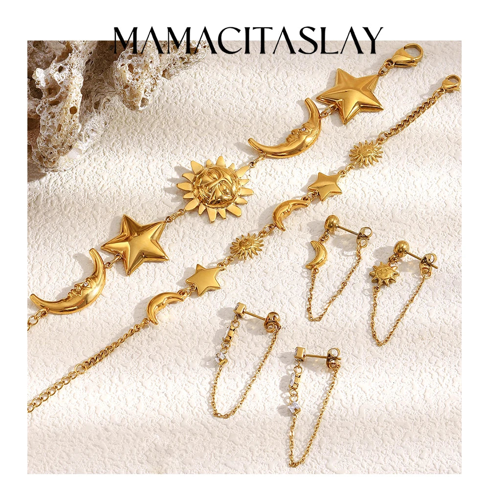 MamacitaSlay 316L Stainless Steel Sun Moon Star Bracelet Earrings Waterproof 18K Gold Plated Jewelry Creative Accessories Gift