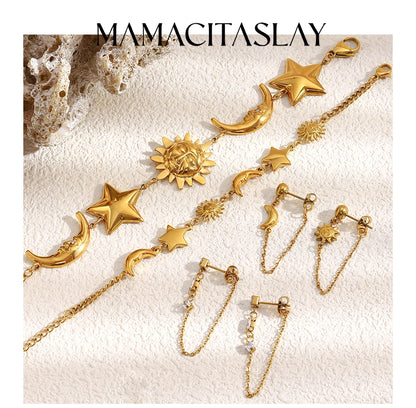 MamacitaSlay 316L Stainless Steel Sun Moon Star Bracelet Earrings Waterproof 18K Gold Plated Jewelry Creative Accessories Gift