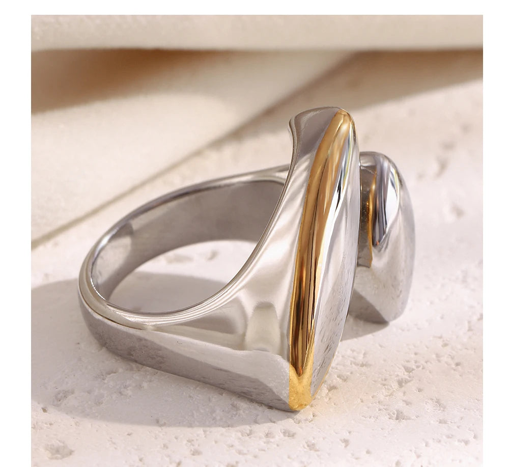 MamacitaSlay 316L Stainless Steel Two Tone Asymmetric Oval Opening Ring Party Waterproof Jewelry Women's Unique Cool Ring Gift