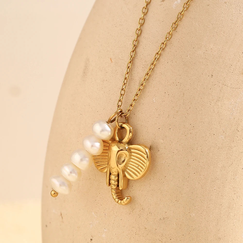 MamacitaSlay Stainless Steel Pearl Elephant Necklace Vacation Party Waterproof Jewelry Women's Charm High Quality Neck Jewelry