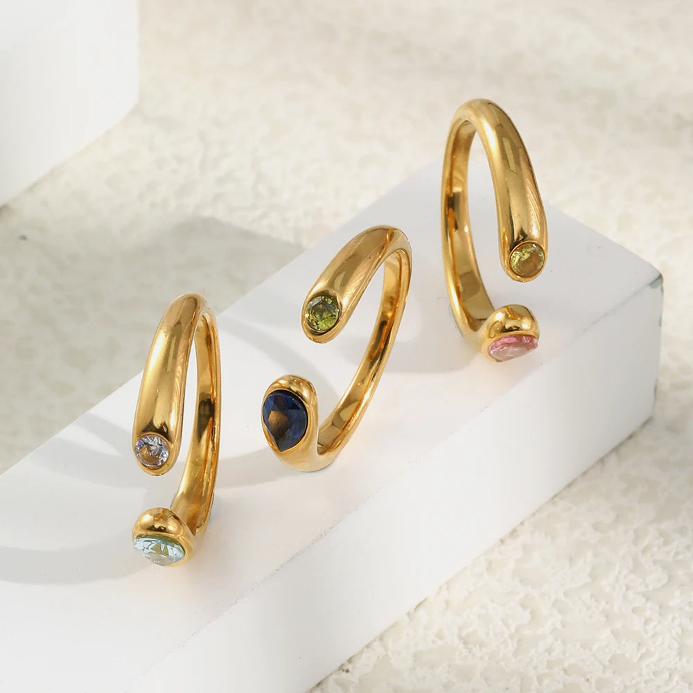 MamacitaSlay 316L Stainless Steel Multicolour Zircon Open Ring 18K Gold Plated Waterproof Jewelry Women's Minimalist Ring Gift
