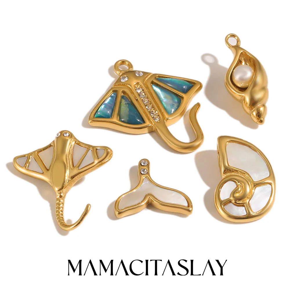 MamacitaSlay 316L Stainless Steel Ocean Theme Zircon Shell Charms 18K Gold Plated Waterproof Making DIY Jewelry For Women Gift