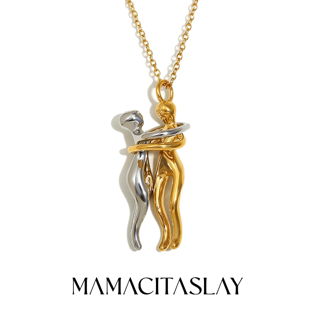 MamacitaSlay 316L Stainless Steel Two Tone Hugging Couple Necklace 18K Gold Plated Waterproof Jewelry For Couple Romantic Gift
