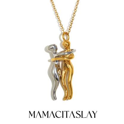 MamacitaSlay 316L Stainless Steel Two Tone Hugging Couple Necklace 18K Gold Plated Waterproof Jewelry For Couple Romantic Gift