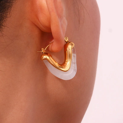 MamacitaSlay 316L Stainless Steel Resin V Shape Hoop Earrings 18K Gold Plated Waterproof Jewelry For Women Statement Earrings