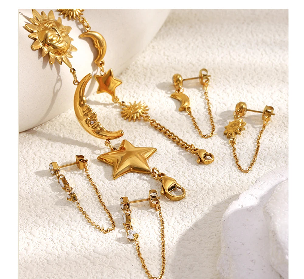 MamacitaSlay 316L Stainless Steel Sun Moon Star Bracelet Earrings Waterproof 18K Gold Plated Jewelry Creative Accessories Gift