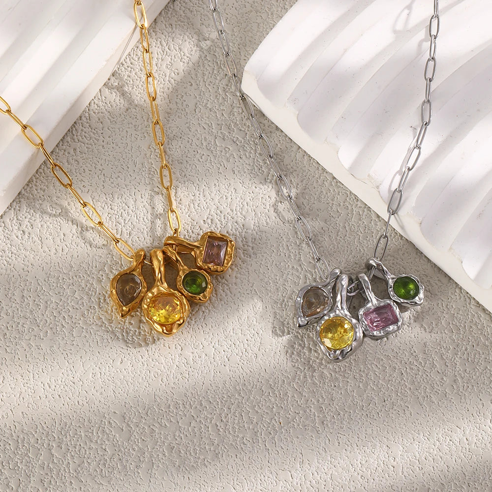 MamacitaSlay 316L Stainless Steel Irregular  Multicolor Zircon Necklace 18K Gold Plated Waterproof Minimalist Jewelry For Women