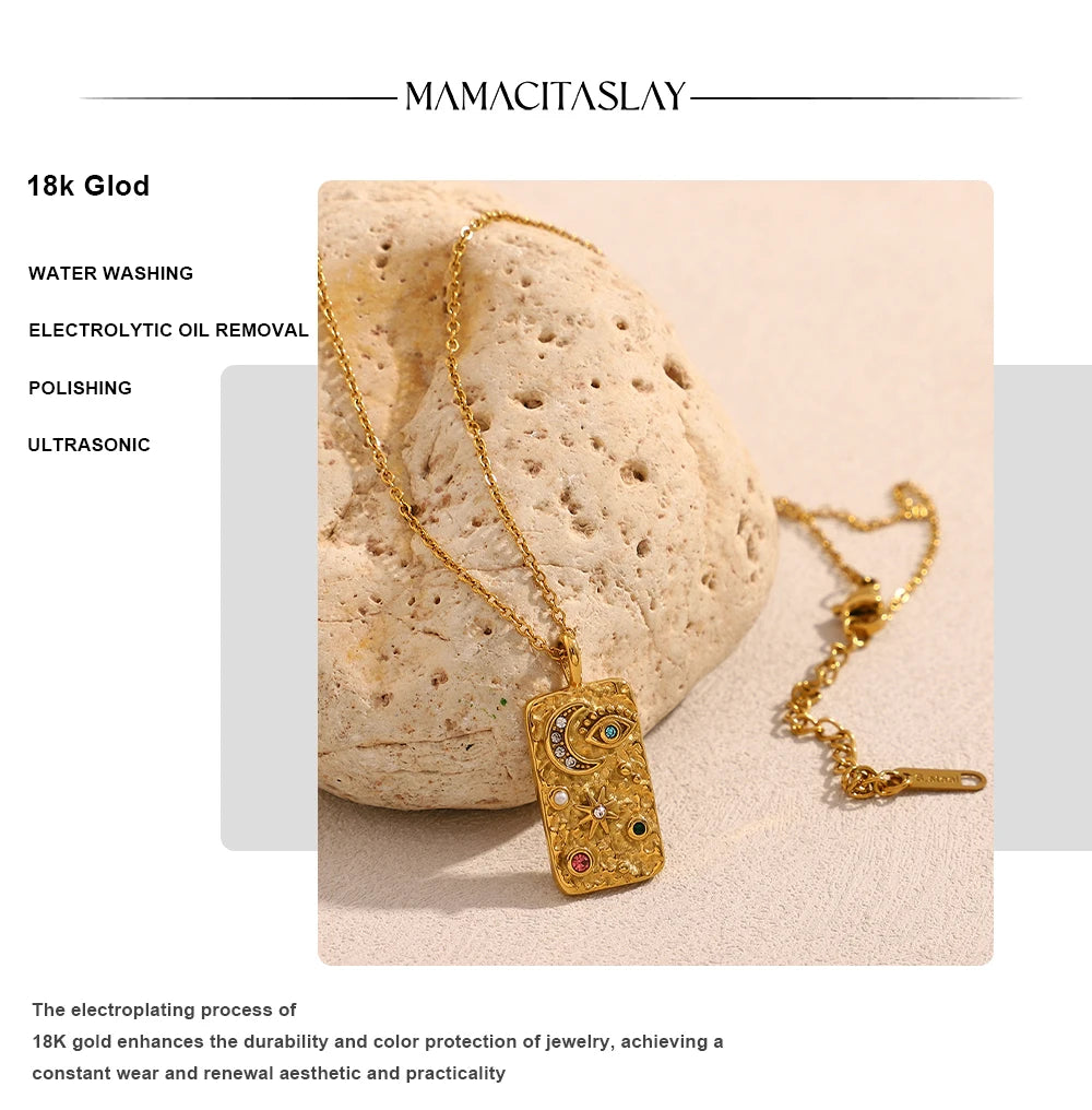 MamacitaSlay Unique 316L Stainless Steel Star Moon Evil Eye Zircon Necklace Ring 18K Gold Plated Waterproof Jewelry For Women