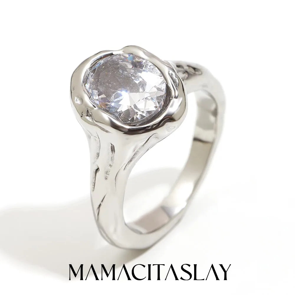 MamacitaSlay 316L Stainless Steel CZ Solitaire Stackable Ring 18K Gold Plated Waterproof Jewelry For Women Elegant Daily Wear