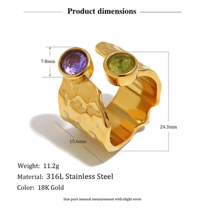 MamacitaSlay 316L Stainless Steel Hammered Texture Asymmetric Zircon Ring 18K Gold Plated Waterproof Vintage Jewelry For Women