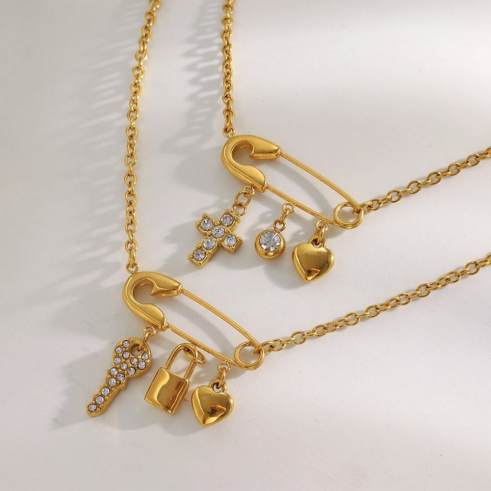 MamacitaSlay 316L Stainless Steel Zircon Paper Clip Key Lock Cross Pendant Necklace Waterproof Jewelry Women's Creative Necklace