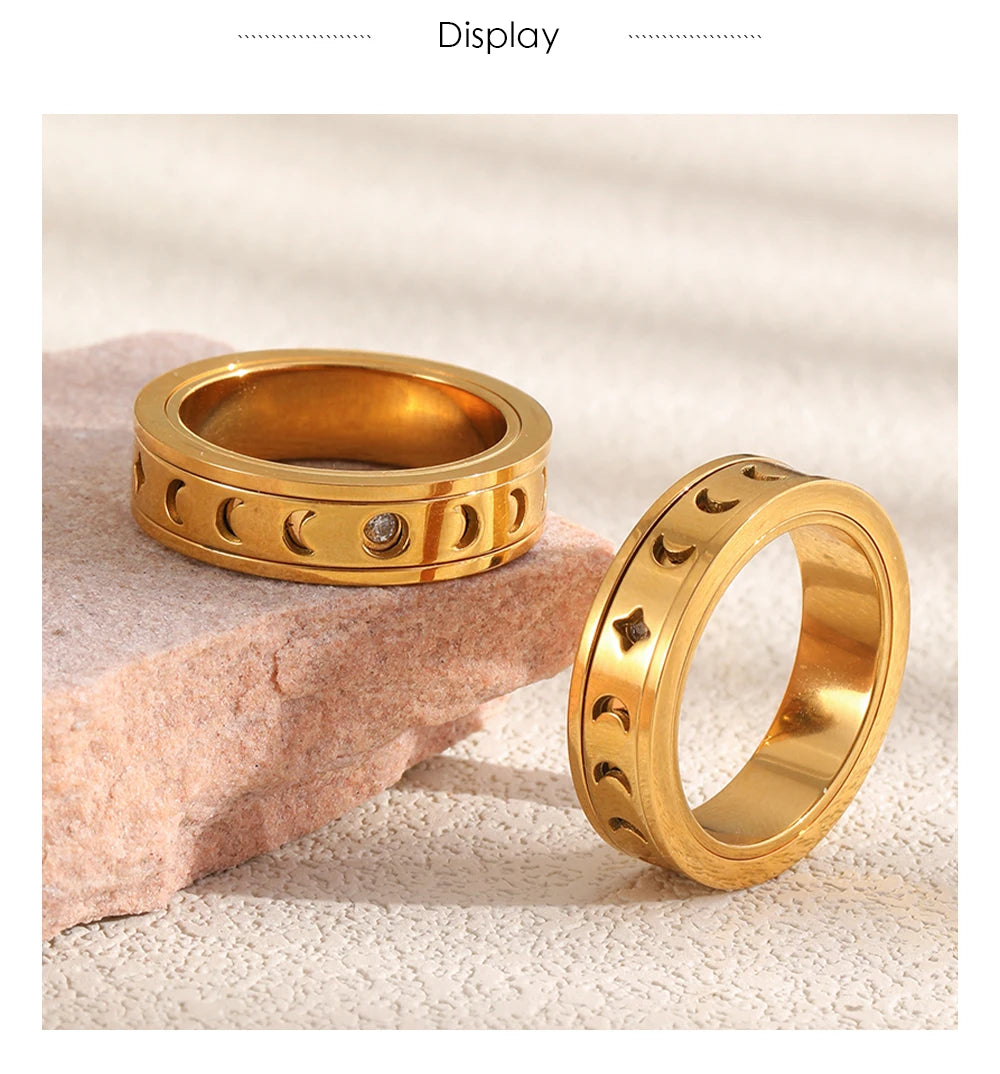 MamacitaSlay 316L Stainless Steel Spinning Moon Star Hollow Out Zircon Ring 18K Gold Plated Waterproof Jewelry For Women Gift
